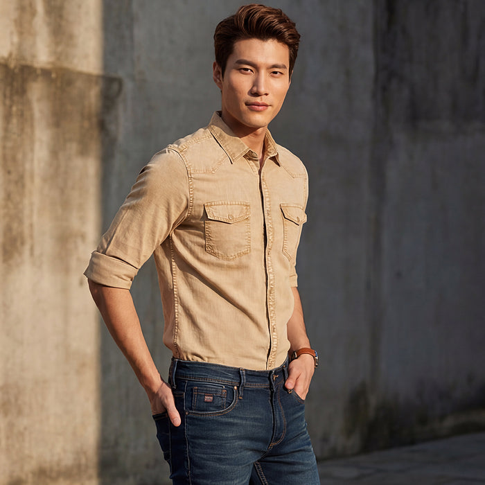 Short sleeves Slim Fit Khaki Heavy Washed Double Pocket Solid Shirt