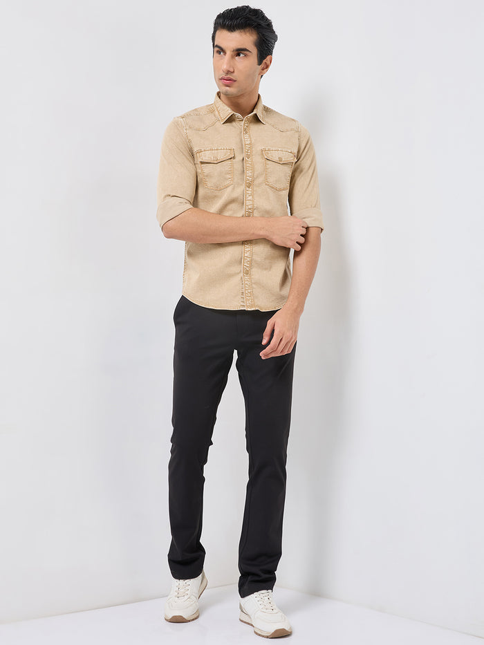 Short sleeves Slim Fit Khaki Heavy Washed Double Pocket Solid Shirt