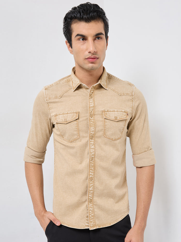 Short sleeves Slim Fit Khaki Heavy Washed Double Pocket Solid Shirt