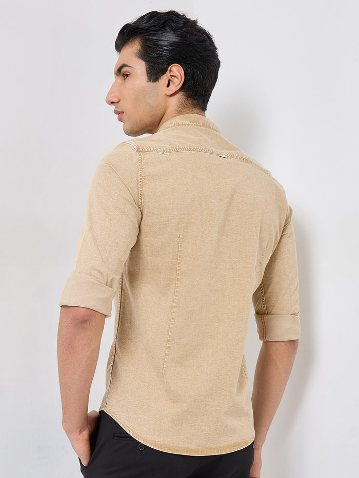Short sleeves Slim Fit Khaki Heavy Washed Double Pocket Solid Shirt