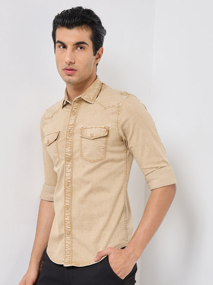 Short sleeves Slim Fit Khaki Heavy Washed Double Pocket Solid Shirt
