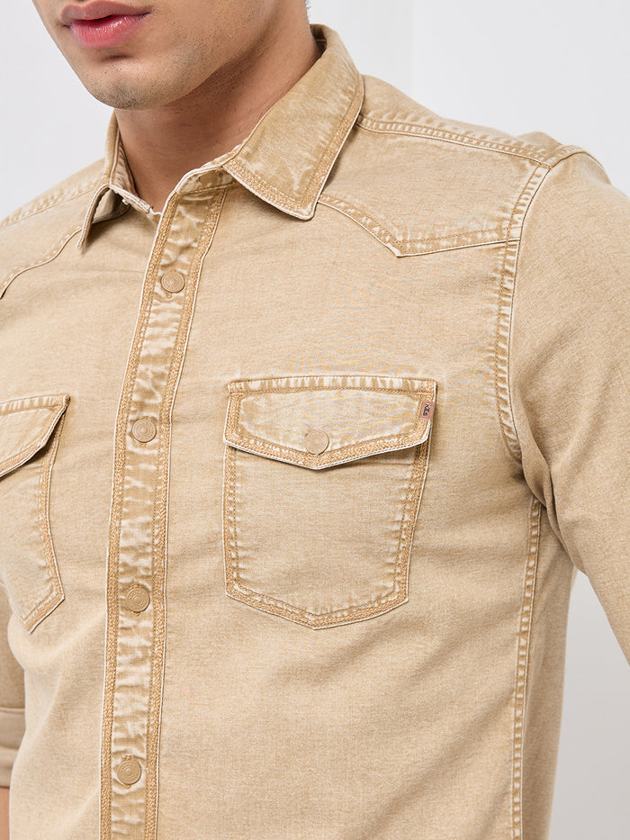 Short sleeves Slim Fit Khaki Heavy Washed Double Pocket Solid Shirt