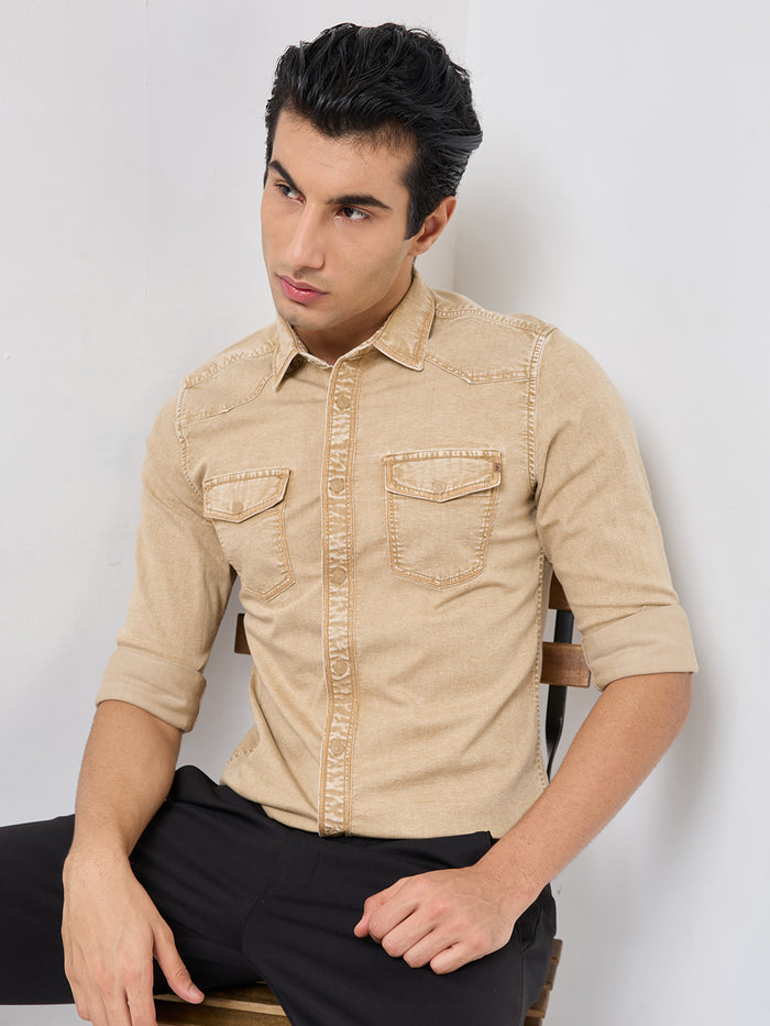Short sleeves Slim Fit Khaki Heavy Washed Double Pocket Solid Shirt