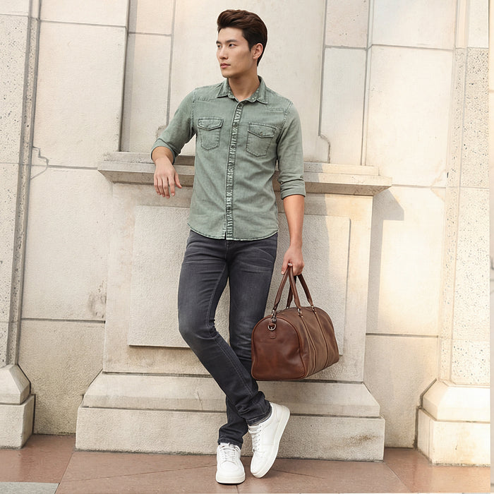 Short sleeves Slim Fit Olive Heavy Washed Double Pocket Solid Shirt
