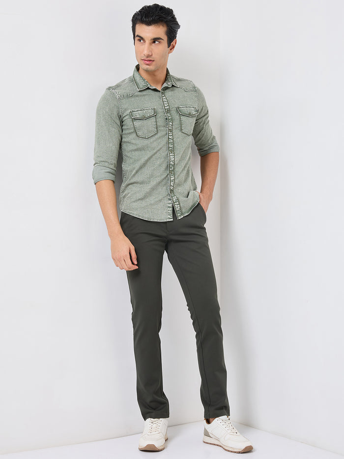 Short sleeves Slim Fit Olive Heavy Washed Double Pocket Solid Shirt