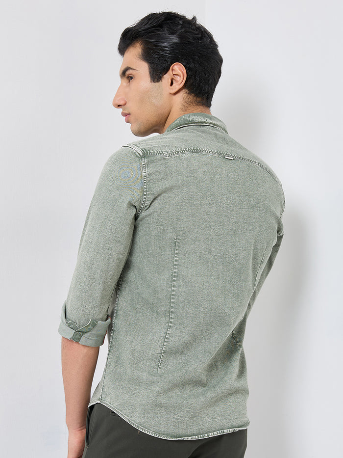 Short sleeves Slim Fit Olive Heavy Washed Double Pocket Solid Shirt