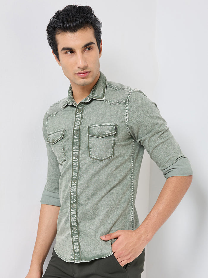Short sleeves Slim Fit Olive Heavy Washed Double Pocket Solid Shirt