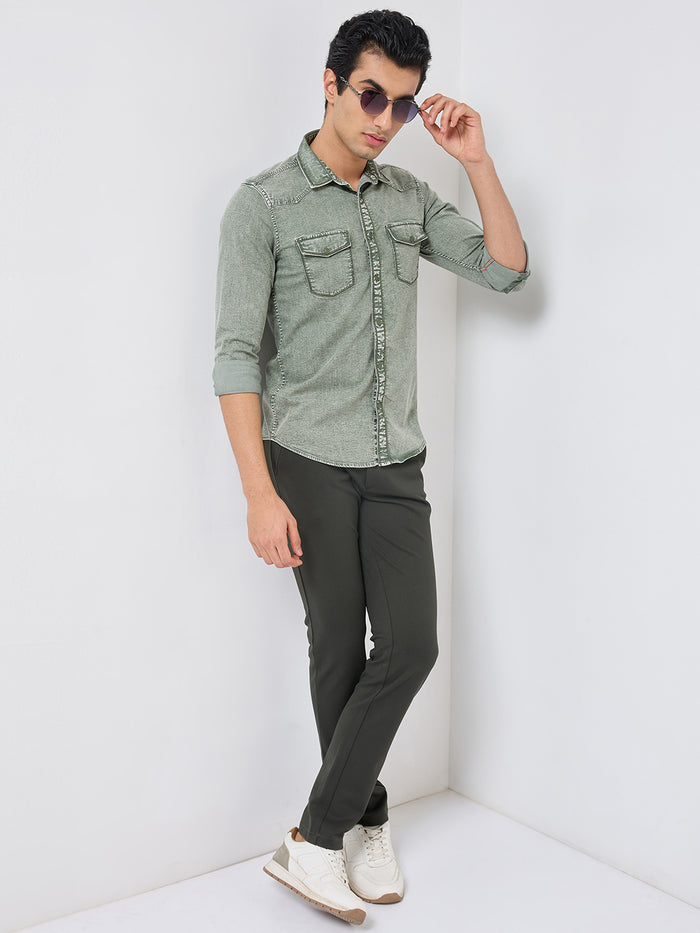 Short sleeves Slim Fit Olive Heavy Washed Double Pocket Solid Shirt