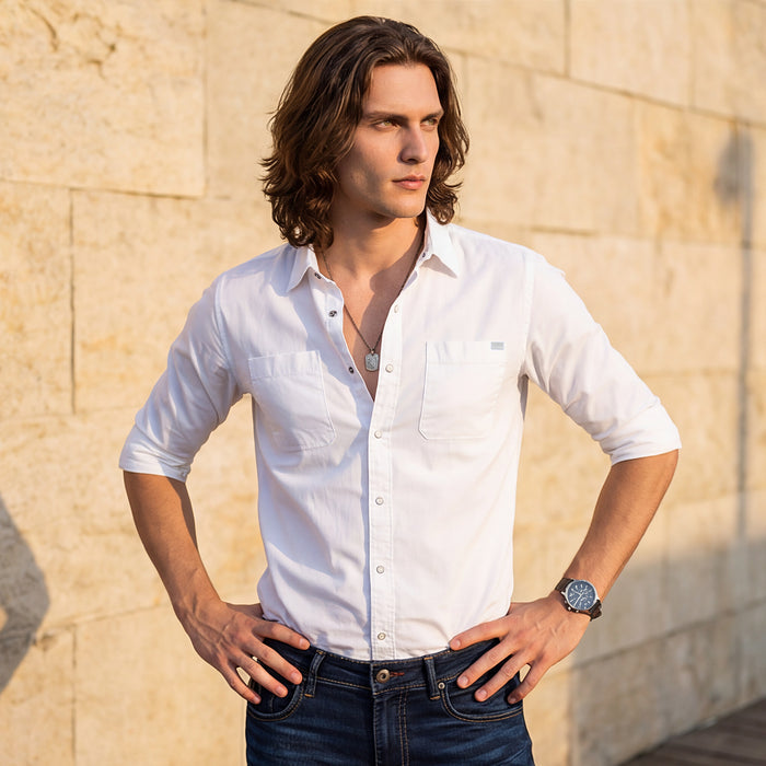 Short sleeves Slim Fit White W/O Flap Double Pocket Ripstop Solid Shirt