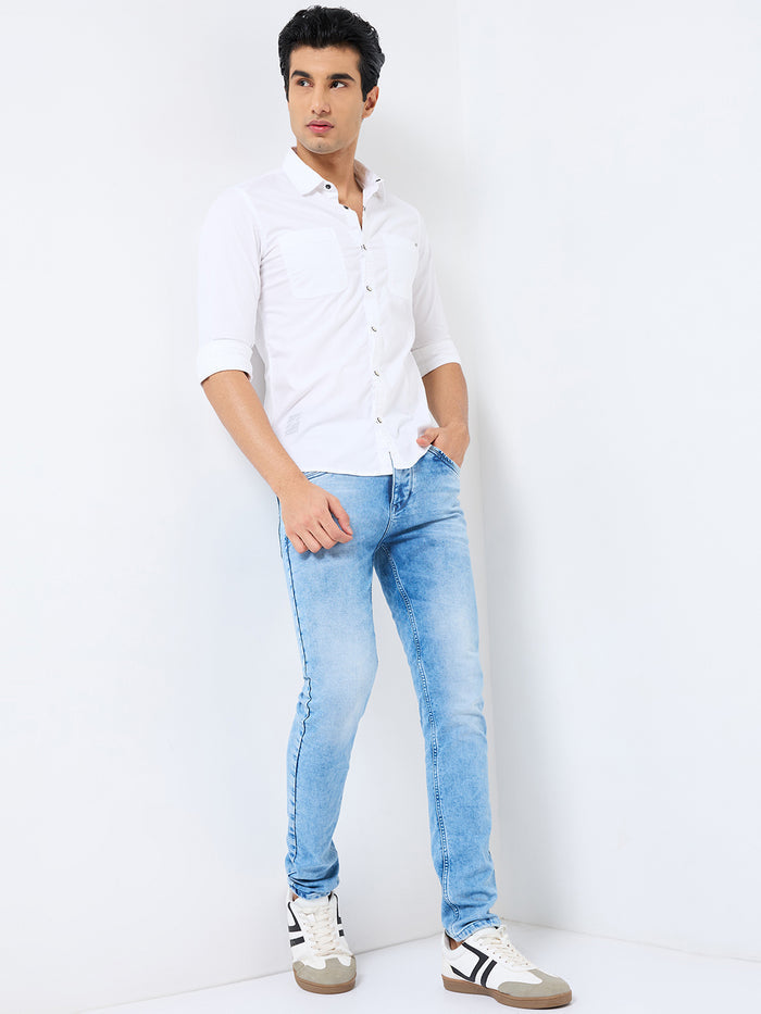 Short sleeves Slim Fit White W/O Flap Double Pocket Ripstop Solid Shirt