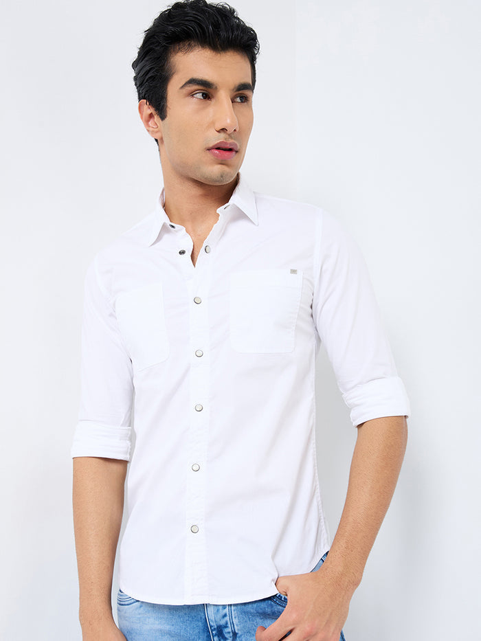 Short sleeves Slim Fit White W/O Flap Double Pocket Ripstop Solid Shirt