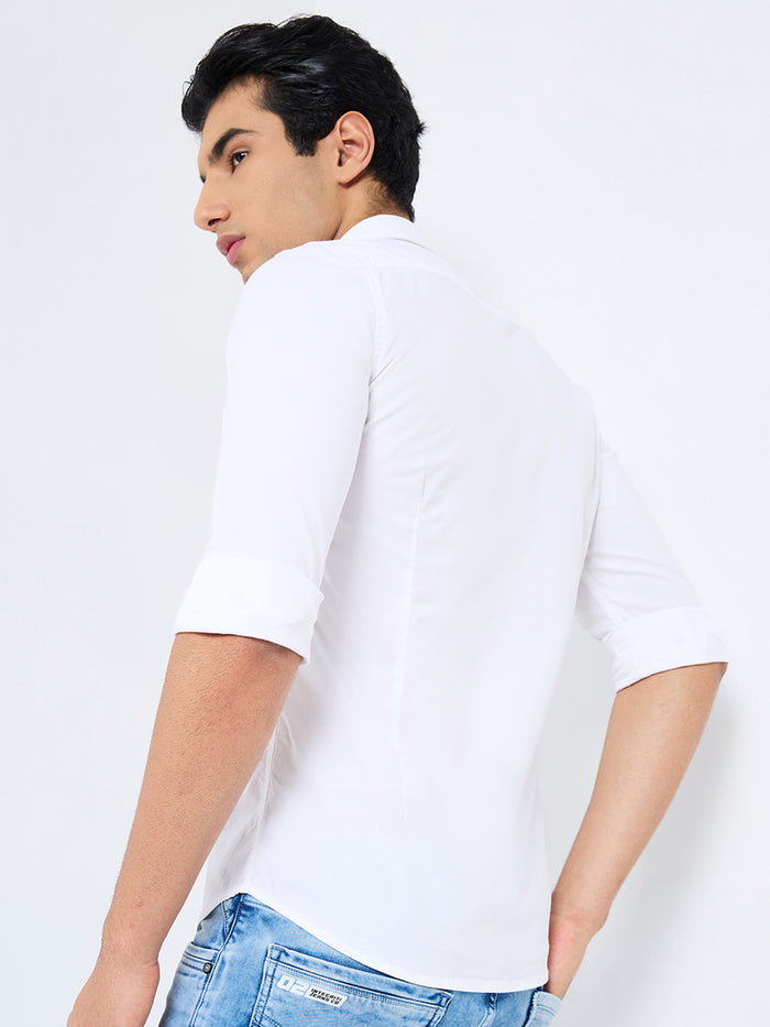 Short sleeves Slim Fit White W/O Flap Double Pocket Ripstop Solid Shirt