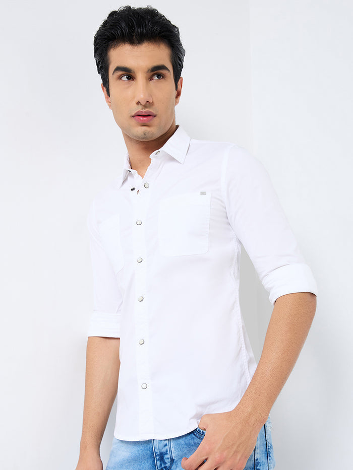 Short sleeves Slim Fit White W/O Flap Double Pocket Ripstop Solid Shirt