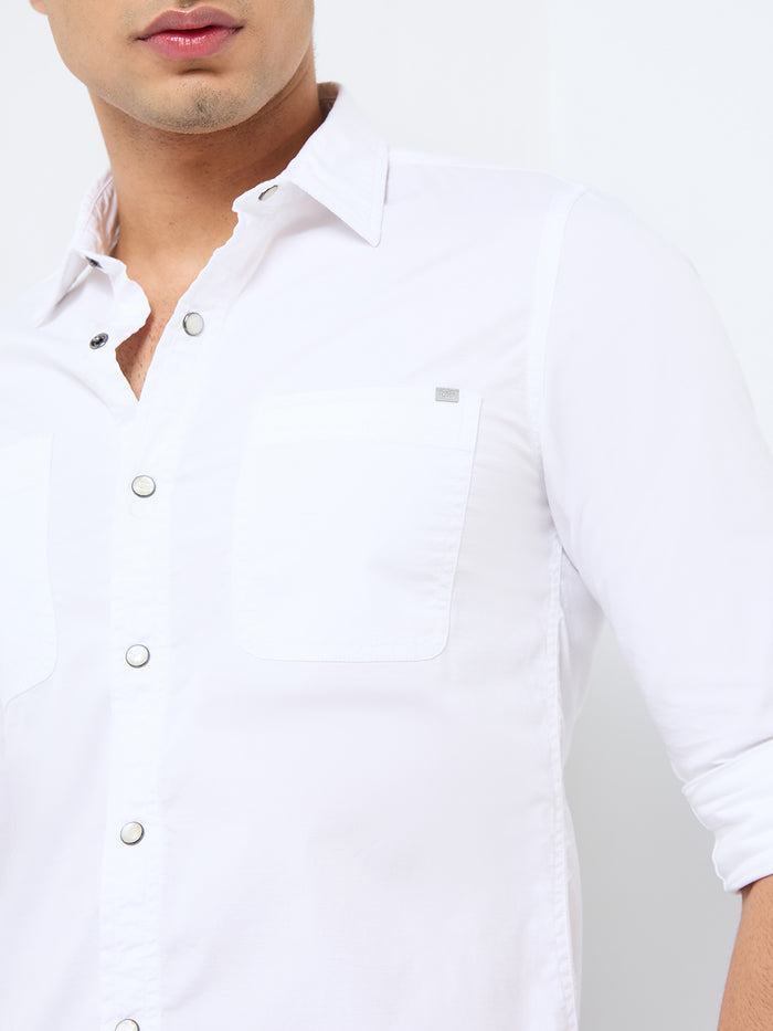 Short sleeves Slim Fit White W/O Flap Double Pocket Ripstop Solid Shirt