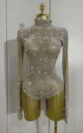 Sienna rhinestone long sleeve bodysuit set with gloves for women. Sexy luxury outfit for birthdays, nightclub, and stage performances.