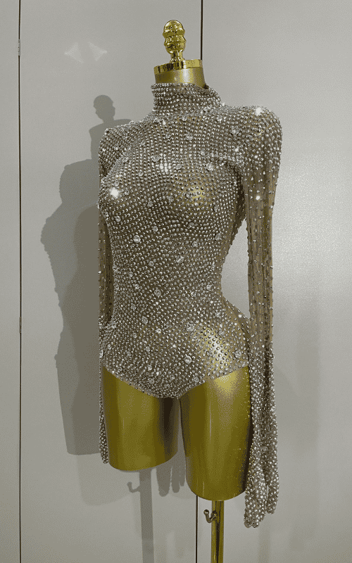 Sienna rhinestone long sleeve bodysuit set with gloves for women. Sexy luxury outfit for birthdays, nightclub, and stage performances.