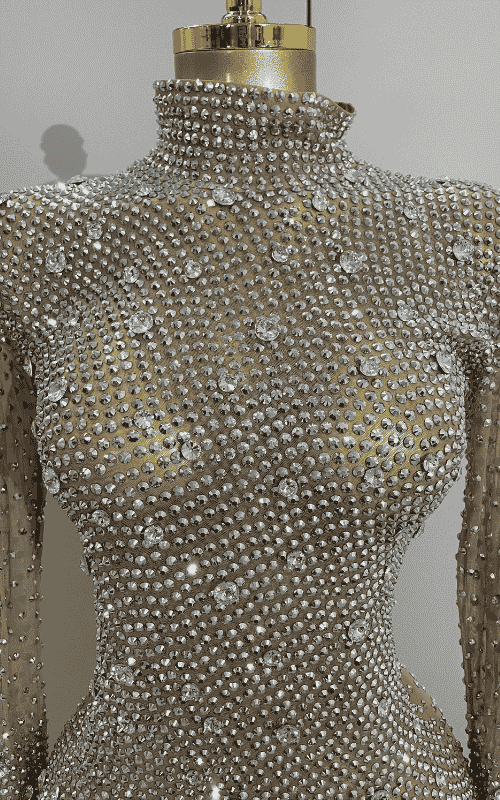 Sienna rhinestone long sleeve bodysuit set with gloves for women. Sexy luxury outfit for birthdays, nightclub, and stage performances.