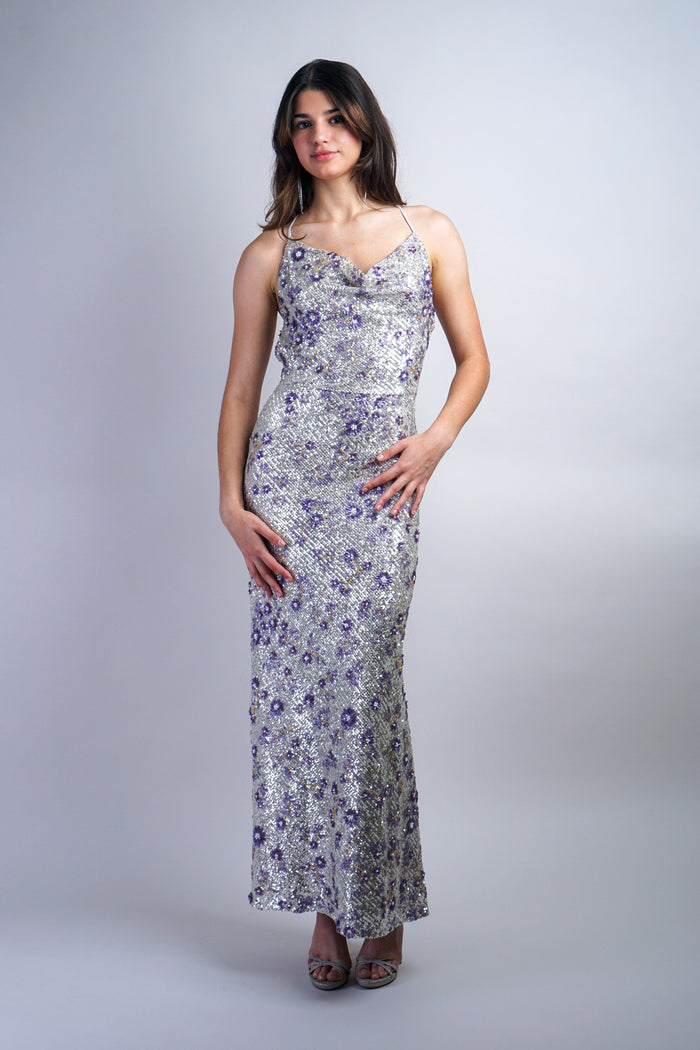 Private Label DRESSES Silver Lavender Floral Sequin Cowl Neck Gown