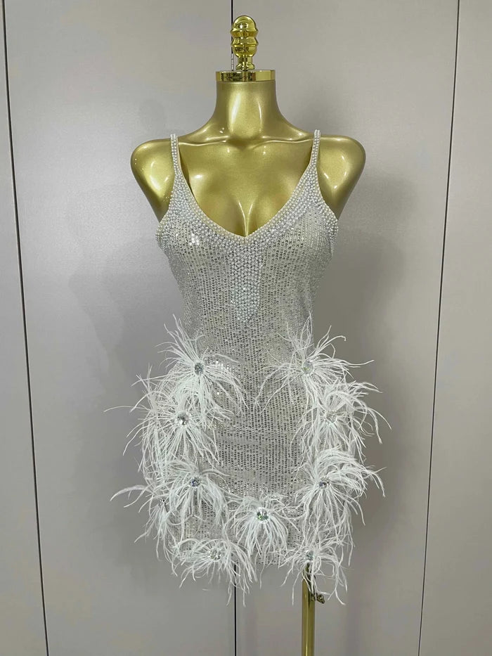 Simone Sparkling Diamond Feather Halter Sequin Mini Dress