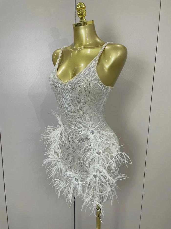 Simone Sparkling Diamond Feather Halter Sequin Mini Dress