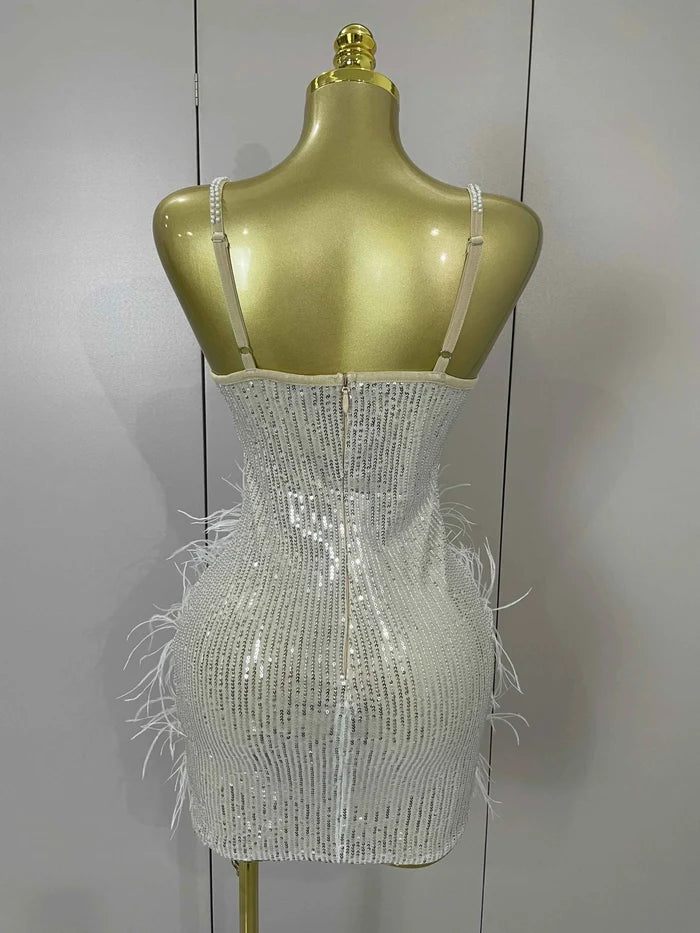 Simone Sparkling Diamond Feather Halter Sequin Mini Dress