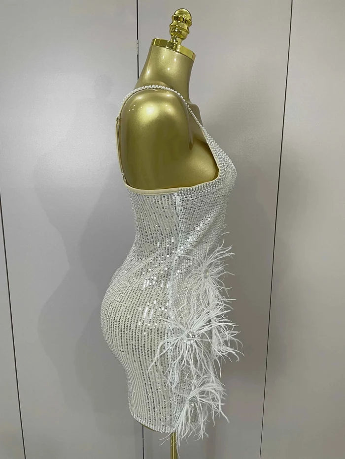 Simone Sparkling Diamond Feather Halter Sequin Mini Dress