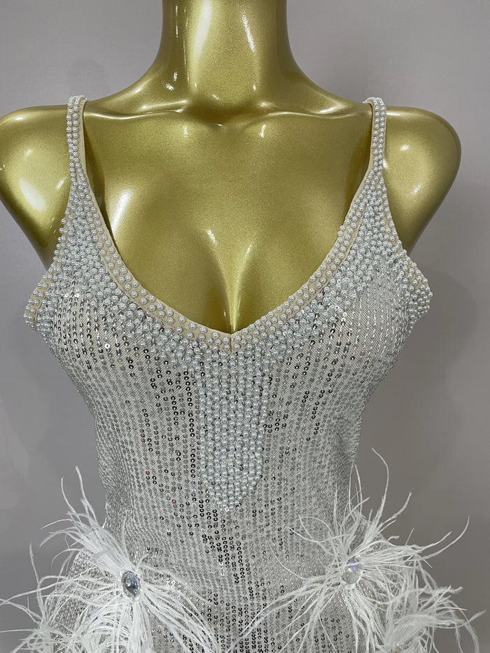 Simone sparkling diamond feather halter sequin mini dress for nightclub and birthday styling