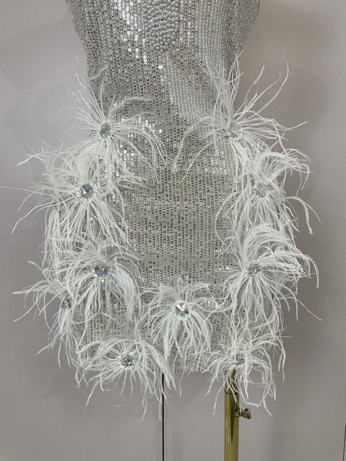 Simone sparkling diamond feather halter sequin mini dress for nightclub and birthday styling