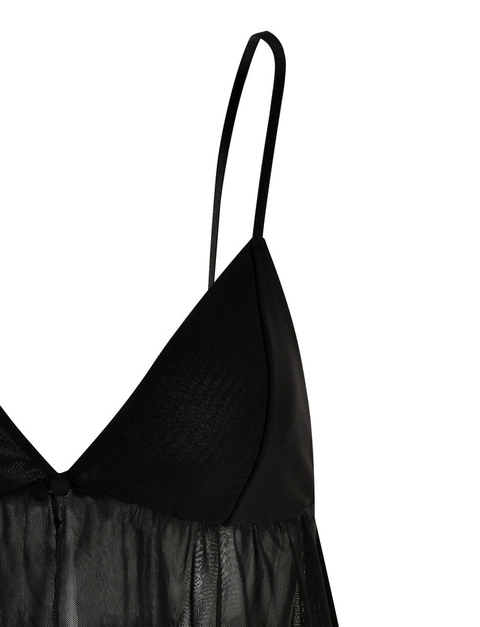 A close-up image of the SINGE TOP - BLACK by TIGERMIST showcases its elegant design. This black lingerie top features spaghetti straps and is made with semi-sheer fabric, revealing a delicate texture. The bodice has a smooth, opaque triangular section that seamlessly transitions into a slightly transparent lower portion.