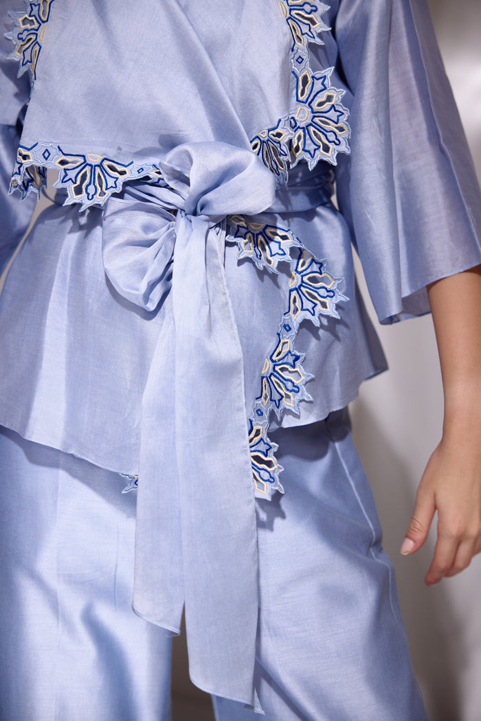 Sky Blue Chanderi Silk Embroidered Shacket Set