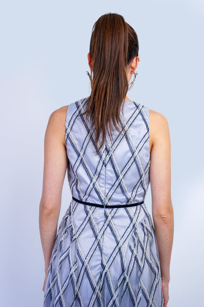 Private Label DRESSES Sliver & Navy Geo Pattern Embroidered Midi Dress