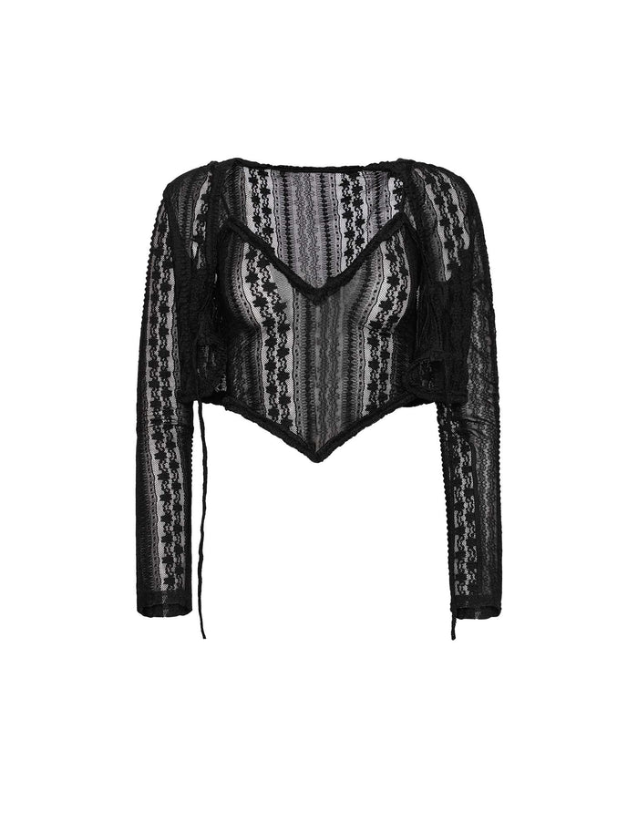 The SOPHA TWO PIECE TOP - BLACK by TIGERMIST is a stunning black lace long-sleeved crop top that features intricate floral patterns and a sweetheart neckline with a slightly pointed hem in the front. This sheer top showcases delicate lace detailing and an elaborate design.