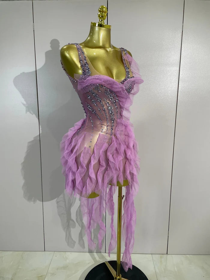 Sophie sexy mesh ruffled see-through mini dress for women with bodycon fit.