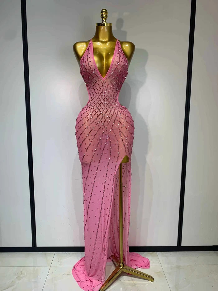 Sparkly Rhinestone Halter Mesh Transparent Split Maxi Dress