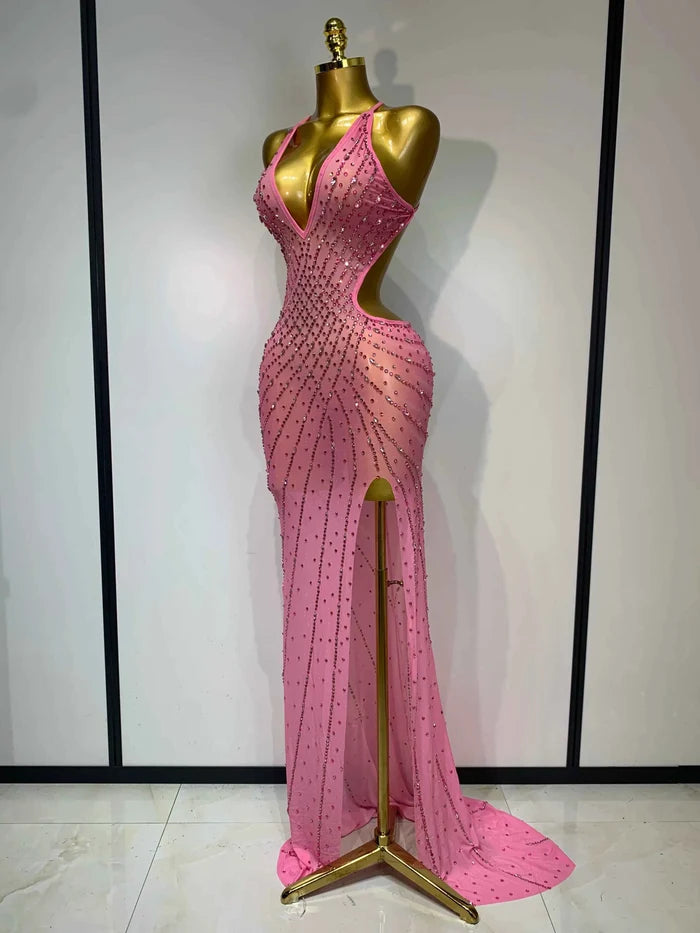 Sparkly Rhinestone Halter Mesh Transparent Split Maxi Dress