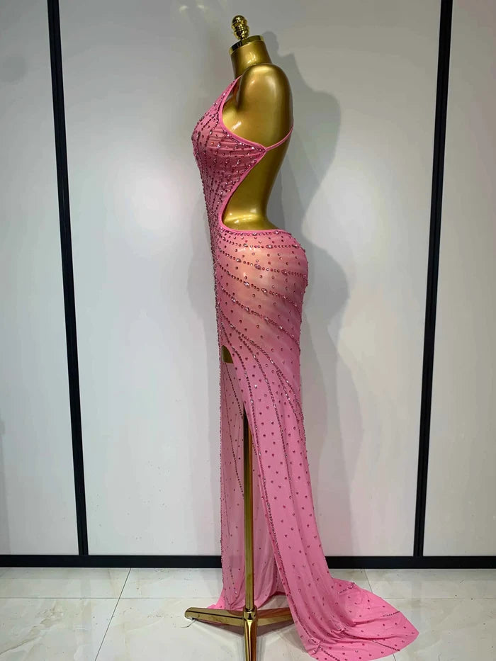 Sparkly Rhinestone Halter Mesh Transparent Split Maxi Dress