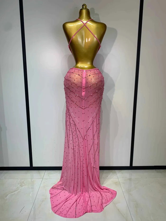 Sparkly Rhinestone Halter Mesh Transparent Split Maxi Dress