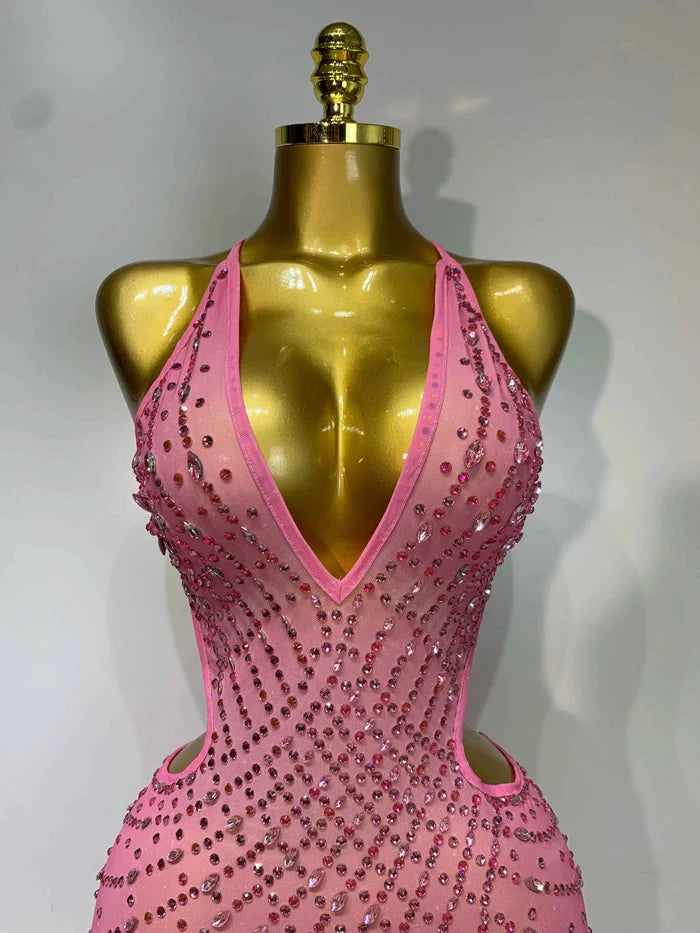 Sparkly Rhinestone Halter Mesh Transparent Split Maxi Dress