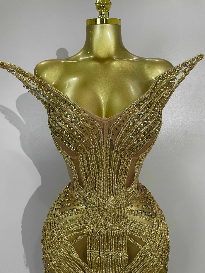Femmes étincelle or diamants paillettes maille voir à travers Mini robe de luxe robe de fête d'anniversaire Sexy discothèque chanteur scène Costume
