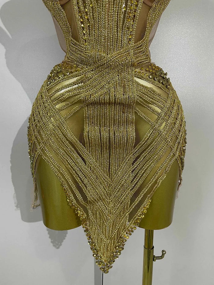 Stella sparkling gold diamond sequins mesh see-through mini dress for women party night out