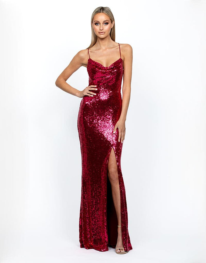 Stephanie Draped Cowl Sequin Gown Hot Pink 12 - Dress - Bariano