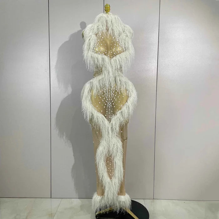 2026 New Sparkly Pearl Tassel Mesh See Through Long Dress Women Sexy Luxury Birthday Prom Party Nightclub Singer Stage Costume