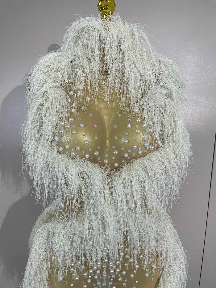 2026 New Sparkly Pearl Tassel Mesh See Through Long Dress Women Sexy Luxury Birthday Prom Party Nightclub Singer Stage Costume