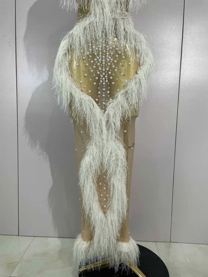 2026 New Sparkly Pearl Tassel Mesh See Through Long Dress Women Sexy Luxury Birthday Prom Party Nightclub Singer Stage Costume