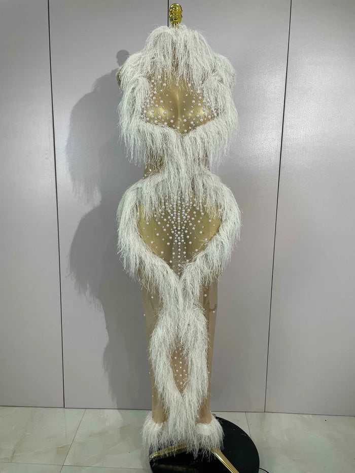 2026 New Sparkly Pearl Tassel Mesh See Through Long Dress Women Sexy Luxury Birthday Prom Party Nightclub Singer Stage Costume