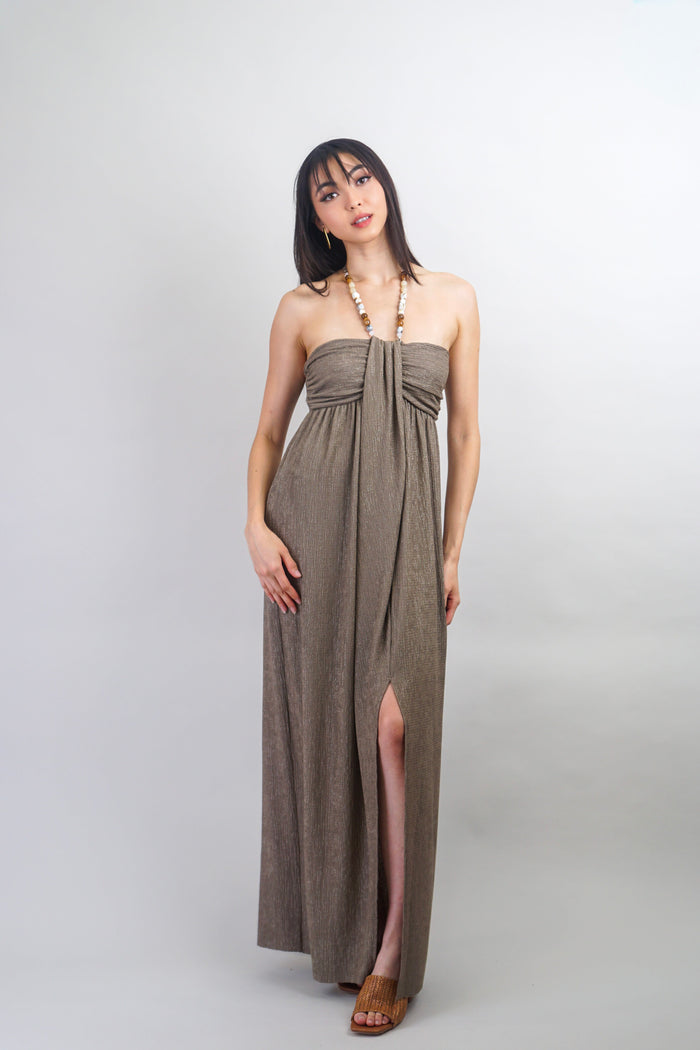 Private Label DRESSES Stone Beaded Halter Slit Maxi Dress