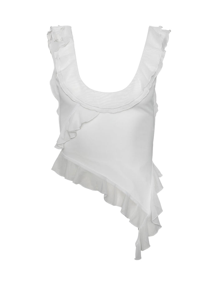 The STORMI TOP - WHITE by TIGERMIST features an asymmetrical design with a scoop neckline and sleeveless cut. True to TIGERMIST style, ruffled trim cascades diagonally from the left shoulder to the right hem, adding a flowy and stylish touch.