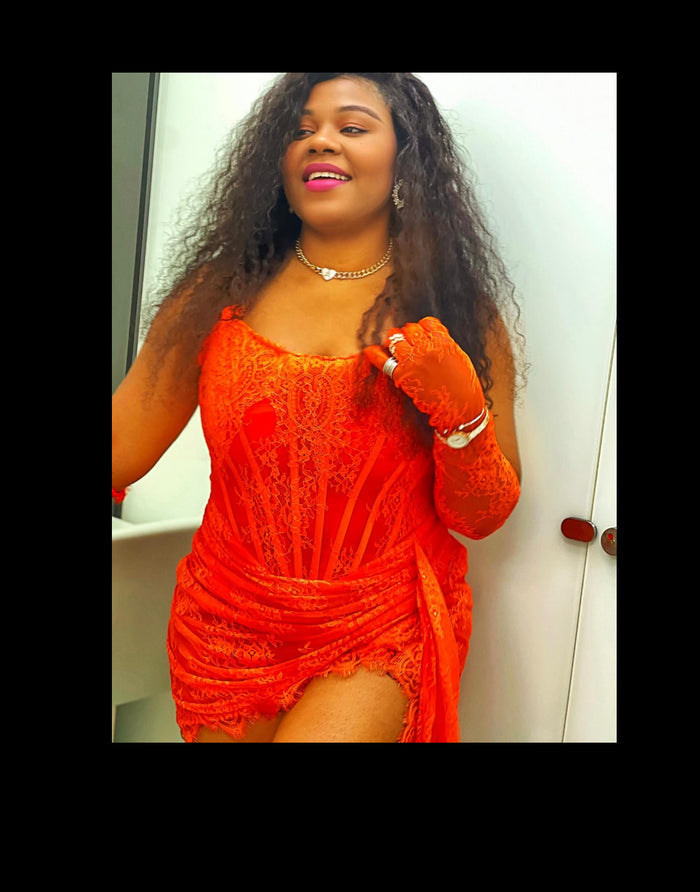 Strapless Ruched Corset Mini Dress with Gloves / Orange