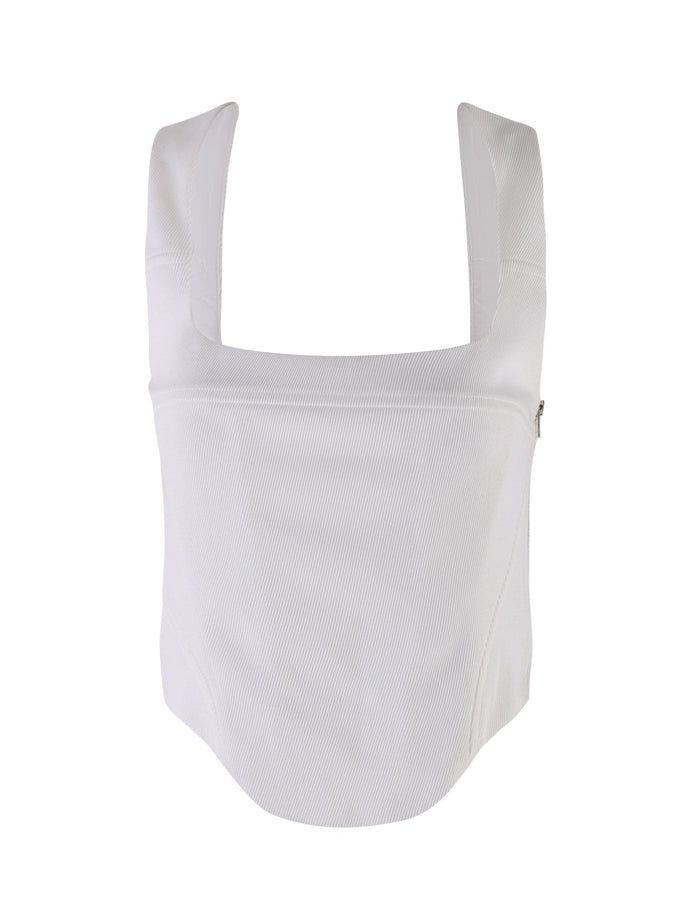 Introducing the Sullivan Top - White by Tiger Mist, a ribbed crop top featuring wide shoulder straps and a square neckline. The textured material of this slim-fit design accentuates its structured style, with the back and bottom edges not visible in the front-facing view.