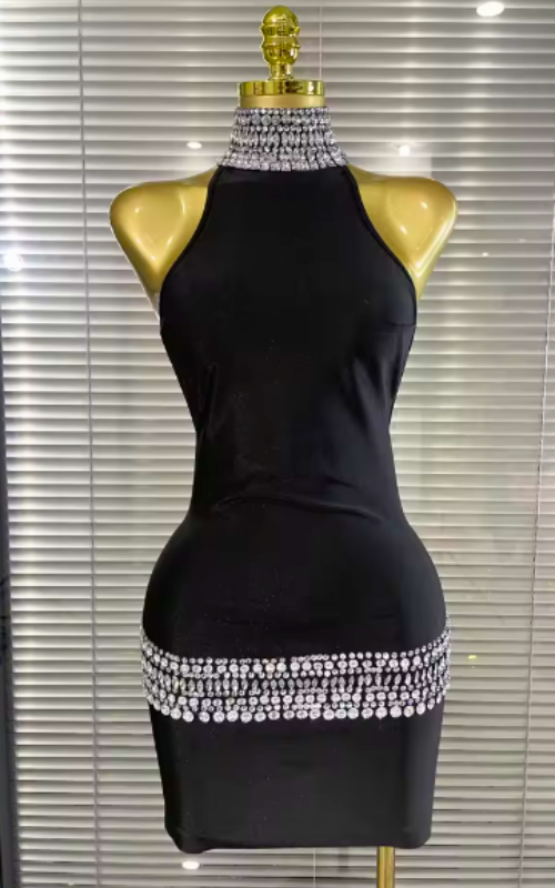Shine in the Sweyn crystal bodycon mini dress. Sexy backless off-the-shoulder party dress for birthdays, cocktails, and special events.